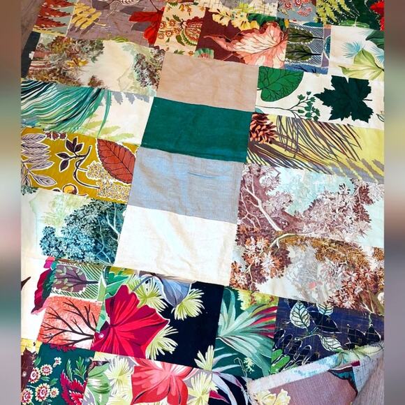 Vintage Barkcloth quilt top topper BoHo Fabric Bed Patchwork Cottagecore Waverly - Picture 1 of 12
